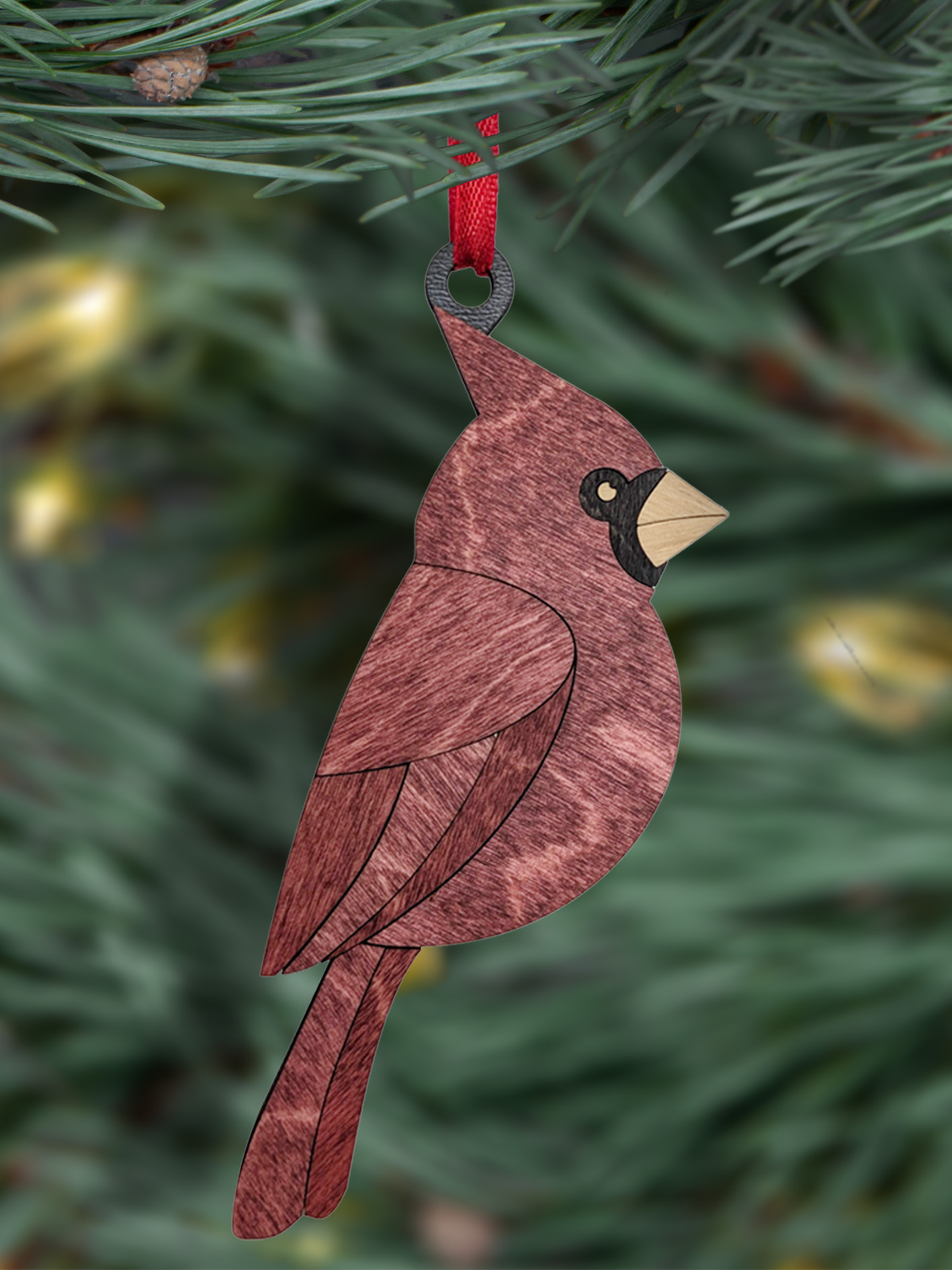 Wood stained cardinal ornament